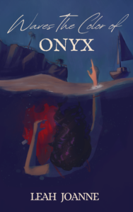Book cover for Waves the Color of Onyx. Woman under water reaching towards the sky